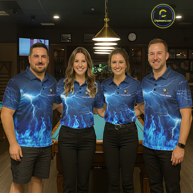 Thunder Blue Flames 8 Ball Pool Billiard Shirt For Men Custom Polo & 1/4 Zip Team Tournament Jersey  NYN3782