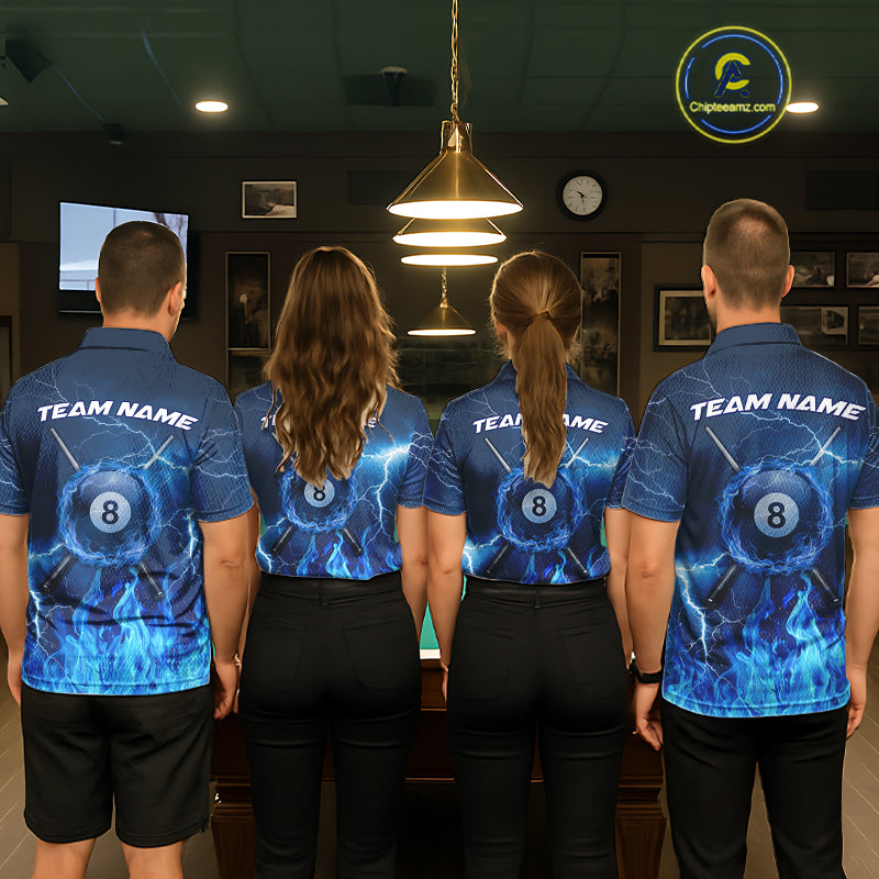 Thunder Blue Flames 8 Ball Pool Billiard Shirt For Men Custom Polo & 1/4 Zip Team Tournament Jersey  NYN3782