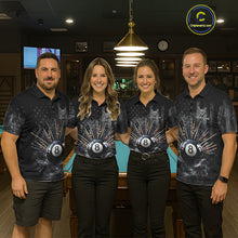 Load image into Gallery viewer, US Flag Grey Smoke Skull Bone 8 Ball Women Billiards Shirt Personalized Pool Balls Billiard Team Names NYN2688