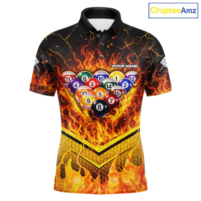 Yellow Flames Hexagon Pool Ball Set Billiards Shirt For Men Personalized Pool Balls 8 Billiard Attire NYN2690