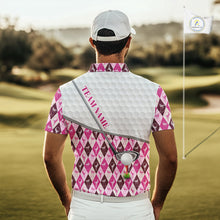 Load image into Gallery viewer, Mens Golf Polo Shirts Custom Pink Argyle And Flamingo Plaid Pattern Golf Attire For Men NYN2843