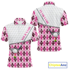 Load image into Gallery viewer, Mens Golf Polo Shirts Custom Pink Argyle And Flamingo Plaid Pattern Golf Attire For Men NYN2843