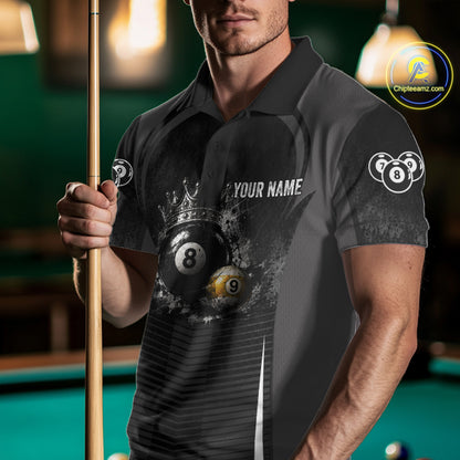 Personalized Grunge Crown 8 Ball & 9 Ball Billiard Pool Shirt For Men Custom Billiard Team Jersey NYN3216