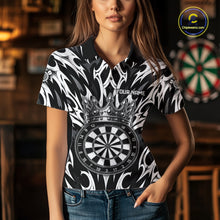 Load image into Gallery viewer, Female dart player wearing Tribal Crown Dartboard personalized dart jersey at league event