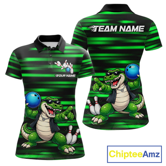 Funny Crocodile Bowling Jersey For Women Personalized Green Strike Lightning Team Bowling Attire NYN3228