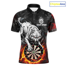 Load image into Gallery viewer, Fire Flame Funny Wolf Darts Polo &amp; 1/4 Zip For Men Personalized Grunge Dart Team Shirts | Red NYN3236