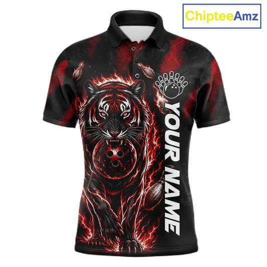 Fire Flame Tiger Red Claws men's bowling polo shirt custom bowling team jersey, personalized bowling uniform