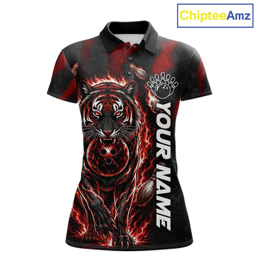 Fire Flame Tiger Red Claws women's bowling polo shirt custom bowling team jersey, personalized bowling uniform