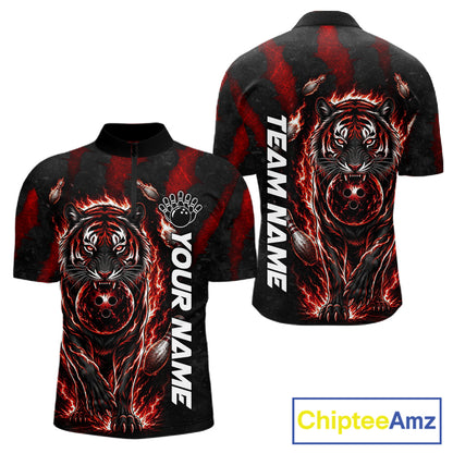 Fire Flame Tiger Red Claws men's quarter zip bowling shirt custom bowling team apparel, league jersey