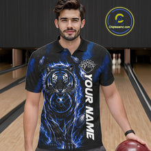 Load image into Gallery viewer, Fire Flame Tiger Blue Claws men's quarter zip bowling shirt custom team bowling uniform
