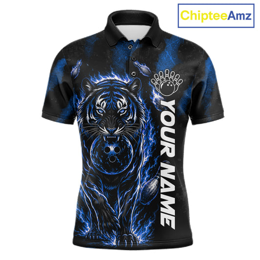 Fire Flame Tiger Blue Claws men's bowling polo shirt custom bowling team jersey, personalized bowling apparel