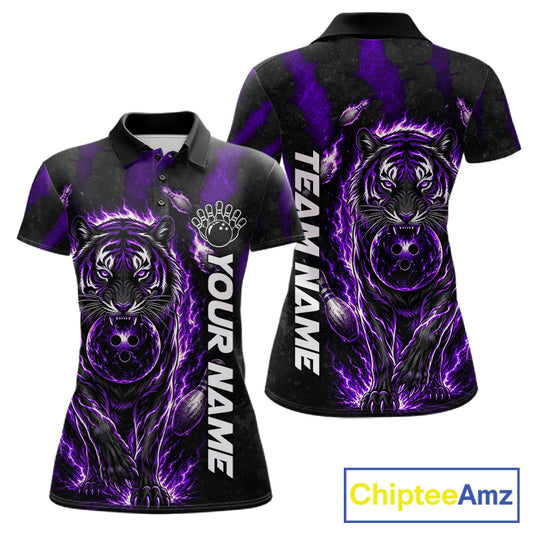 Fire Flame Tiger Purple Claws women's bowling polo shirt custom bowling team uniform, personalized bowling jersey