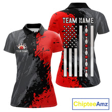 Load image into Gallery viewer, Black Grey Red Grunge US Flag women's bowling polo shirt patriotic bowling team jersey, custom bowling uniform