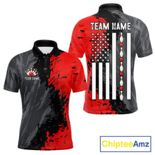 Load image into Gallery viewer, Black Grey Red Grunge US Flag men's bowling polo shirt patriotic bowling team jersey, custom bowling uniform