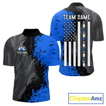 Load image into Gallery viewer, Black Grey Blue Grunge US Flag men's quarter zip bowling shirt custom patriotic bowling apparel