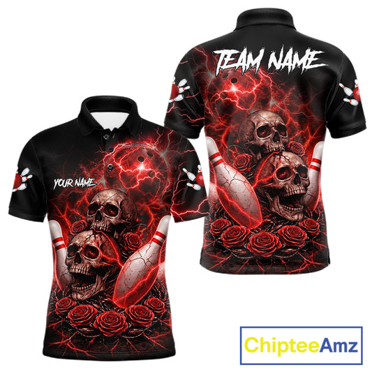 Red Strike Lightning Bowling Custom Team Shirts For Men, Skull Roses Outfit Bowling Team Jersey NYN3071