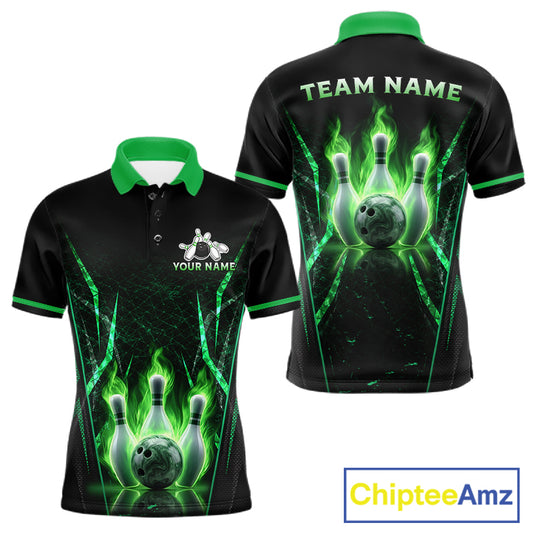 Custom Green Flaming Mens Bowling Jerseys Personalized Bowling Team Shirts For Bowlers NYN3075