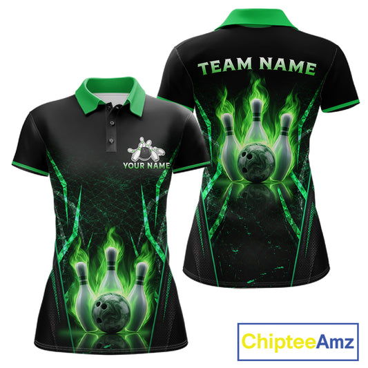 Custom Green Flaming Womens Bowling Jerseys Personalized Bowling Team Shirts For Bowlers NYN3075