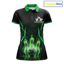 Load image into Gallery viewer, Custom Green Flaming Womens Bowling Jerseys Personalized Bowling Team Shirts For Bowlers NYN3075