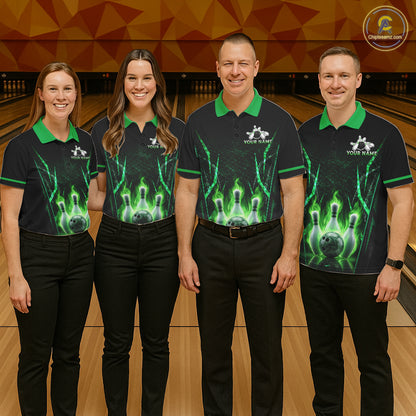 Custom Green Flaming Mens Bowling Jerseys Personalized Bowling Team Shirts For Bowlers NYN3075