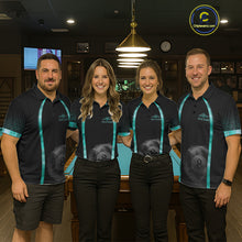 Load image into Gallery viewer, Men women billiard team wearing Black Teal Thunder Lightning custom pool team uniforms and tournament jerseys