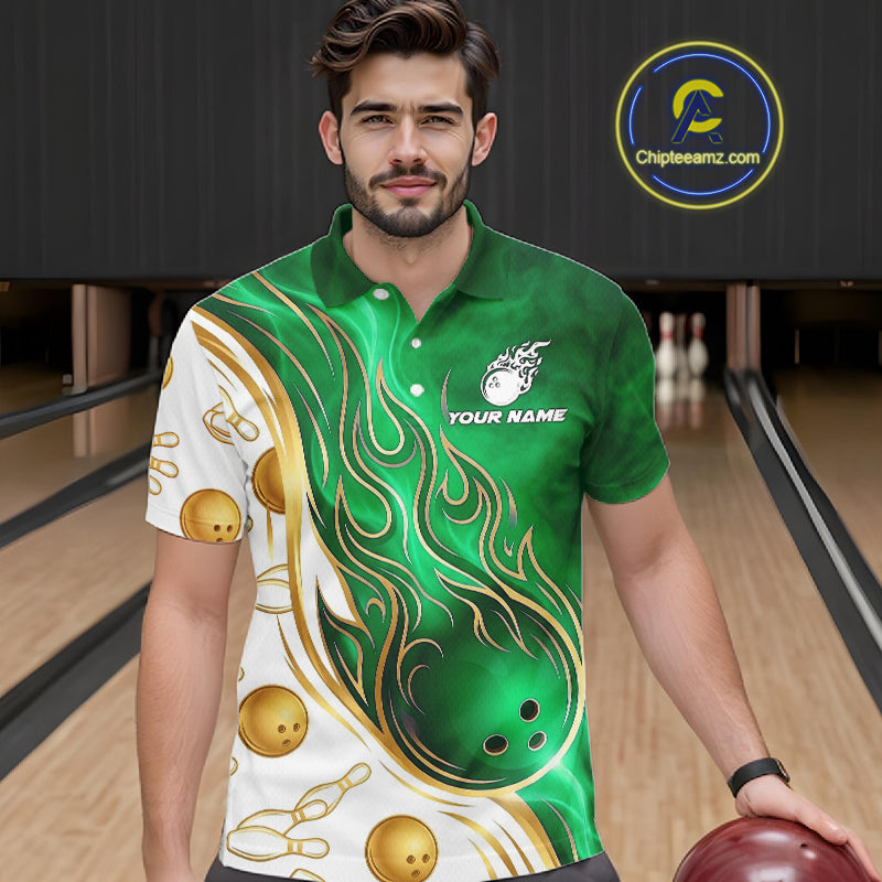 Male bowler wearing Gold & Green Flames bowling shirt featuring confidence, ambition, championship spirit, custom league apparel, performance sportswear.
