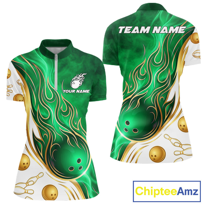 Gold & Green Flames Quarter-Zip Bowling Shirt featuring personalized team graphics, moisture-wicking performance fabric, custom tournament apparel, elegant flame artwork, athletic bowling clothing.