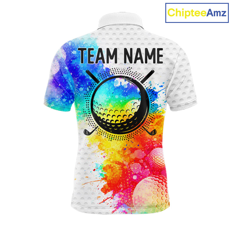 Mens White Pattern Golf Polo Shirt Custom Name Colorful Watercolor Golf Clothes, Golf Gifts NYN2873