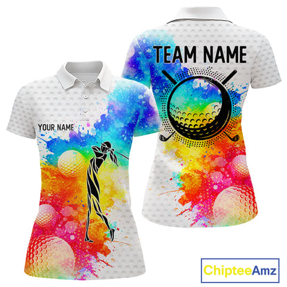 Women White Pattern Golf Polo Shirt Custom Name Colorful Watercolor Golf Clothes, Golf Gifts NYN2873