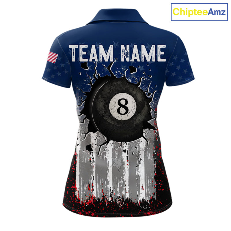 American Flag Cracked 8 Ball Billiard Pool Shirt For Women Custom Grunge Patriotic Billiard Team Jersey NYN3085