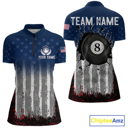American Flag Cracked 8 Ball Billiard Pool Shirt For Women Custom Grunge Patriotic Billiard Team Jersey NYN3085