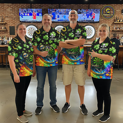 Rainbow Funny Skeleton Green Dartboard Men Darts Polo Shirt Custom St Patrick's Day Darts Jersey NYN2533