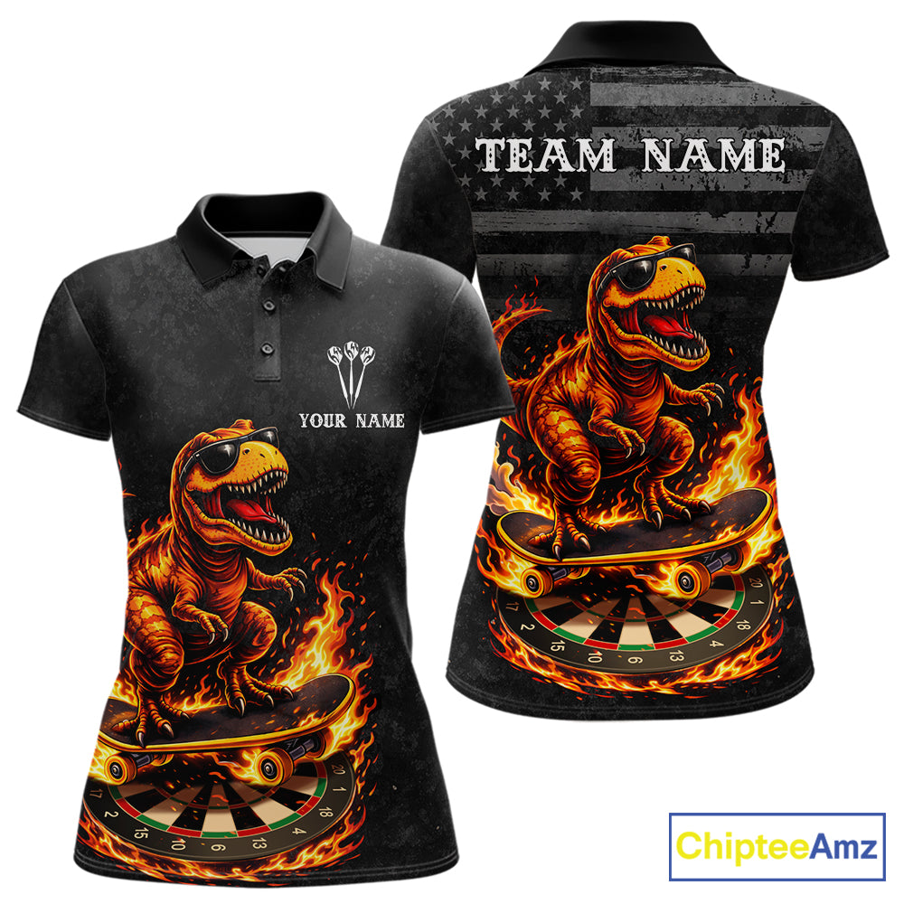 Custom Grunge Flame Dinosaur Darts Shirt Polo & 1/4 Zip Darts Jersey For Women US Flag Dart Outfit NYN2884