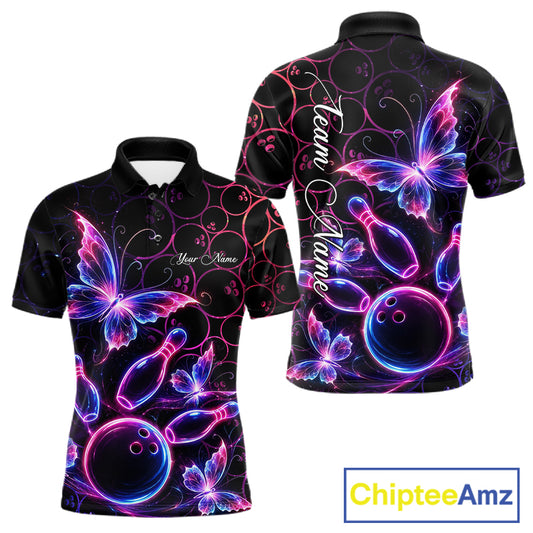 Neon Blue And Pink Butterfly Bowling Polo & 1/4-Zip Shirt For Men Custom Colorful Bowling Team Jersey NYN3266