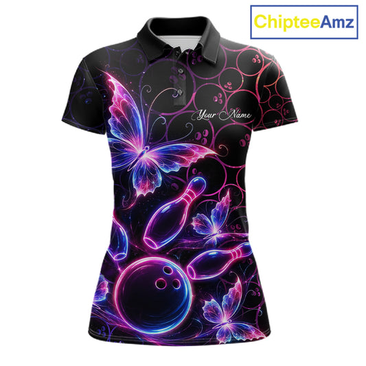 Neon Blue And Pink Butterfly Bowling Polo & 1/4-Zip Shirt For Women Custom Colorful Bowling Team Jersey NYN3266