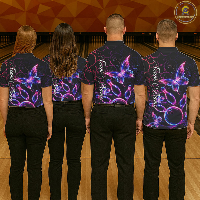 Neon Blue And Pink Butterfly Bowling Polo & 1/4-Zip Shirt For Women Custom Colorful Bowling Team Jersey NYN3266