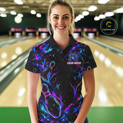 Splatter Neon Purple & Blue Bowling Shirts For Women Custom Funny Raccoon Team Bowling Jersey NYN3270