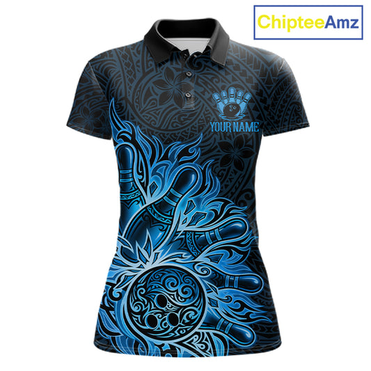 Blue Tribal Pattern Bowling Ball women's bowling polo shirt, custom tribal bowling team jersey, league bowling apparel