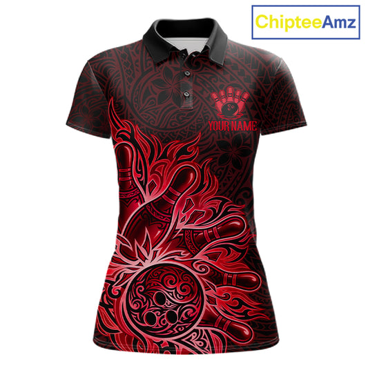 Red Tribal Pattern Bowling Ball women's bowling polo shirt, custom bowling team jersey, tribal bowling apparel