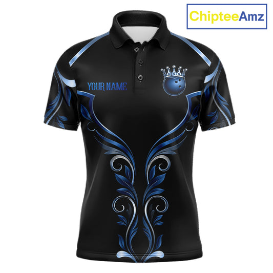 Black and Blue Tribal Crown Bowling Ball men's bowling polo shirt, custom bowling team jersey, league apparel