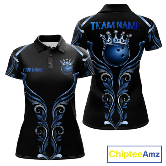 Black and Blue Tribal Crown Bowling Ball women's bowling polo shirt, custom bowling team jersey, league apparel