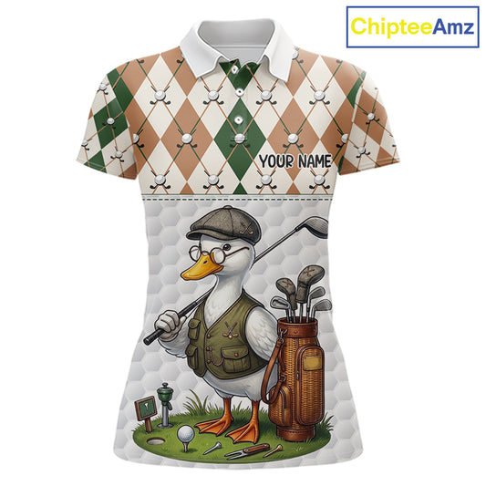 Funny Cool Duck Golf Polo Shirts For Women Green & Brown Argyle Custom White Ball Golf Apparel NYN3122