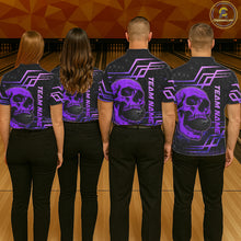 Load image into Gallery viewer, Black And Purple Skull Holding Bowling Ball Shirt For Women Custom Bowling Team Attire NYN3281