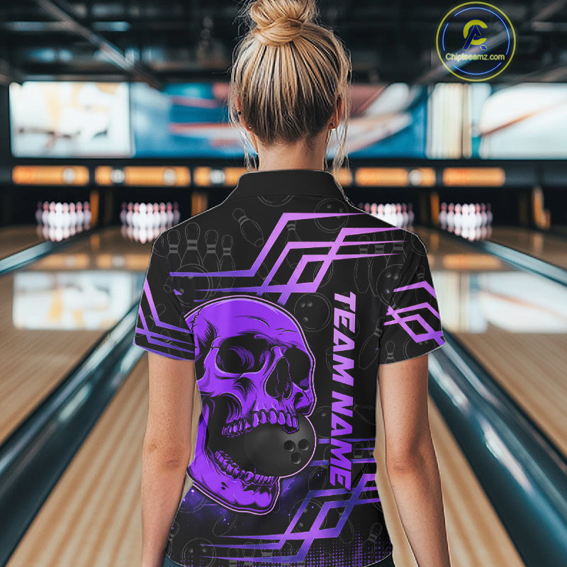 Black And Purple Skull Holding Bowling Ball Shirt For Women Custom Bowling Team Attire NYN3281