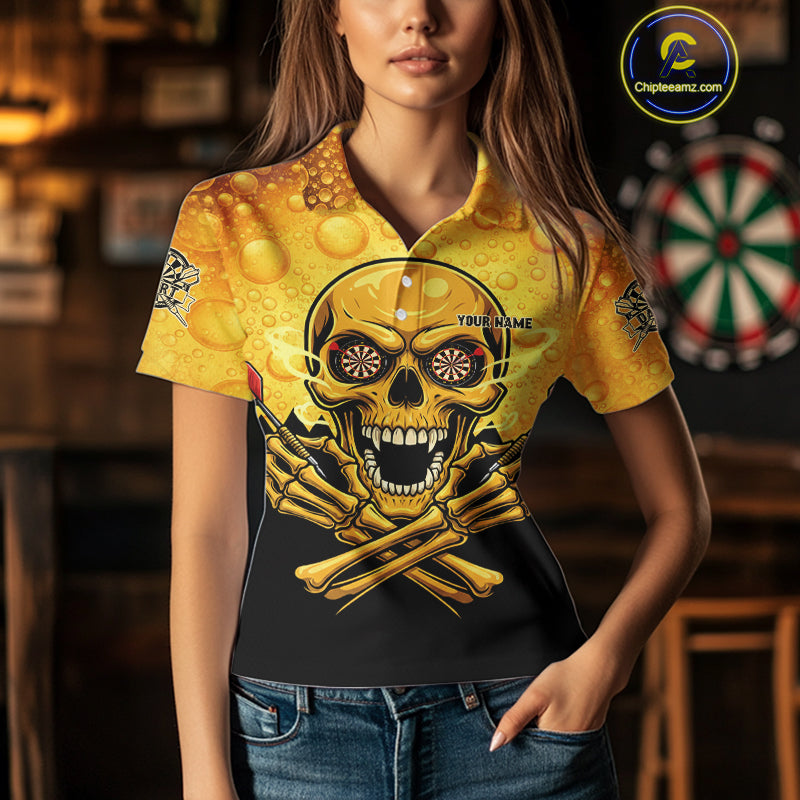 Funny Beer & Skull Dartboard Women Polo Darts Shirt Custom Name & Team Dart Jersey NYN2011
