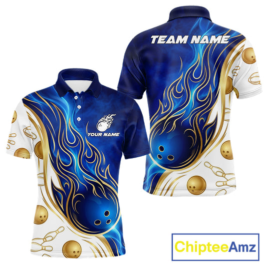 Custom Gold And Blue Flames Bowling Team Jerseys, Bowling League Polo & 1/4-Zip Shirt For Men NYN2917
