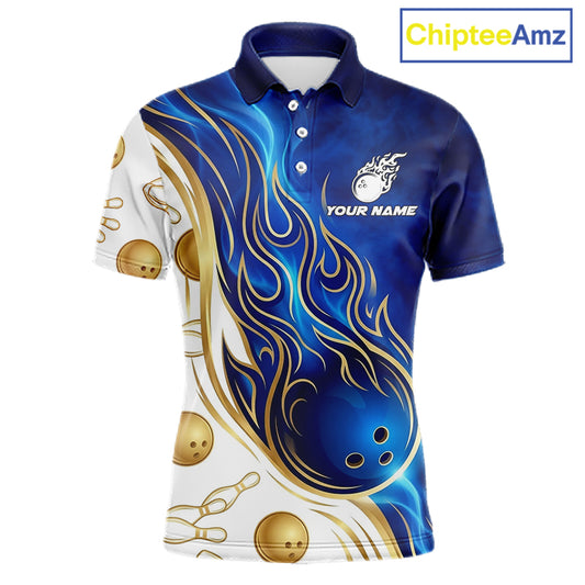 Custom Gold And Blue Flames Bowling Team Jerseys, Bowling League Polo & 1/4-Zip Shirt For Men NYN2917