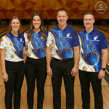 Load image into Gallery viewer, Custom Gold And Blue Flames Bowling Team Jerseys, Bowling League Polo &amp; 1/4-Zip Shirt For Men NYN2917