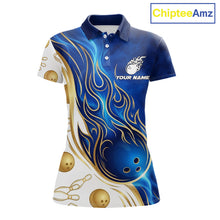 Load image into Gallery viewer, Custom Gold And Blue Flames Bowling Team Jerseys, Bowling League Polo &amp; 1/4-Zip Shirt For Women NYN2917