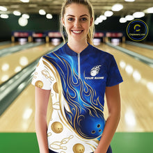 Load image into Gallery viewer, Custom Gold And Blue Flames Bowling Team Jerseys, Bowling League Polo &amp; 1/4-Zip Shirt For Women NYN2917
